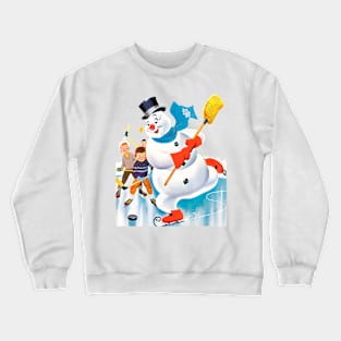 snowman playing ice hockey with a broom next to children on winter holidays retro vintage comic cartoons Crewneck Sweatshirt